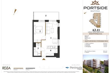 Rzut - Mieszkanie na sprzedaż 2 pokoje o powierzchni 39,51 m² - numer A3.11 w Portside Bałtycka