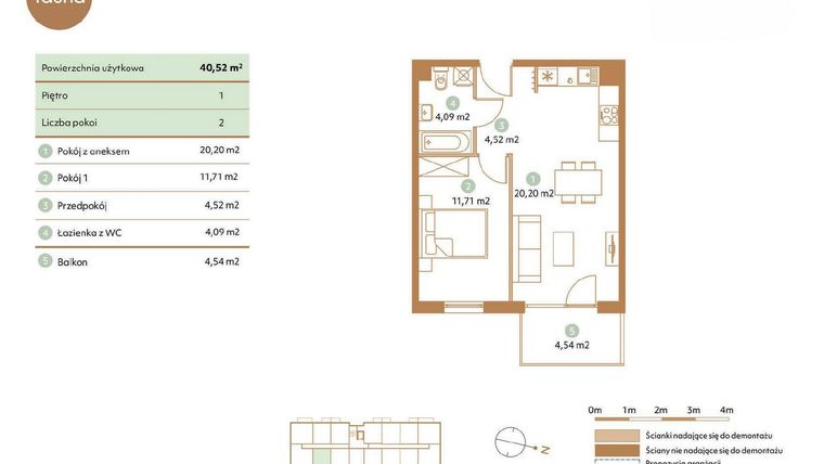 Rzut - Mieszkanie na sprzedaż 2 pokoje o powierzchni 40,52 m² - numer D26-1 w Fauna