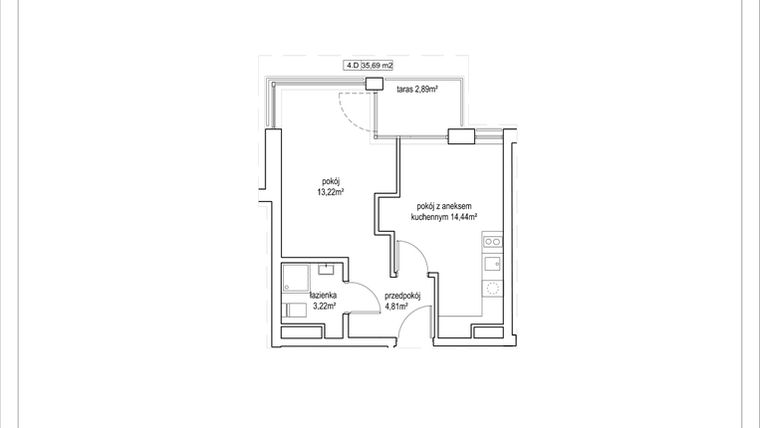 Rzut - Mieszkanie na sprzedaż 2 pokoje o powierzchni 35,69 m² - numer 4/22. w Apartamenty Nowy Targ