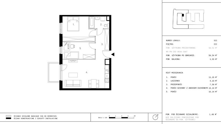 Rzut - Mieszkanie na sprzedaż 3 pokoje o powierzchni 59,54 m² - numer 3.A35-311 w Jurowiecka 22