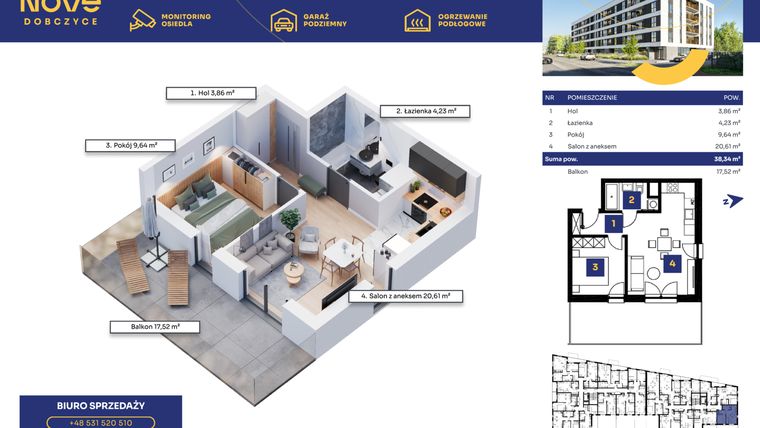Rzut - Mieszkanie na sprzedaż 2 pokoje o powierzchni 38,34 m² - numer M07 w Nove Dobczyce