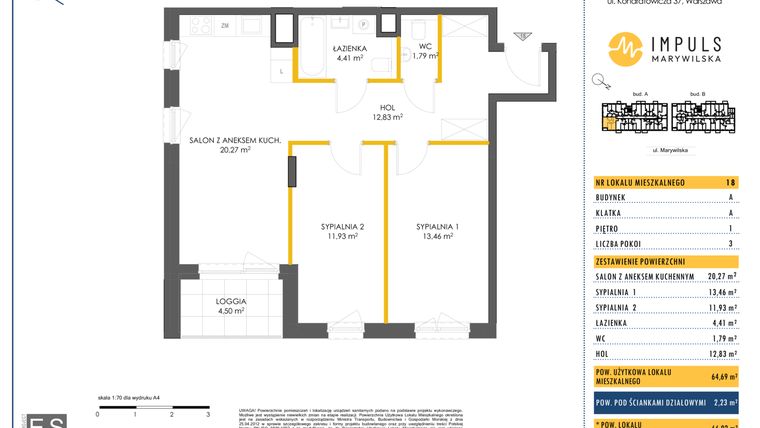 Rzut - Mieszkanie na sprzedaż 3 pokoje o powierzchni 66,92 m² - numer A/18 w Impuls Marywilska