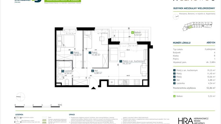 Rzut - Mieszkanie na sprzedaż 3 pokoje o powierzchni 52,86 m² - numer AB0104 w M Bemowo 3