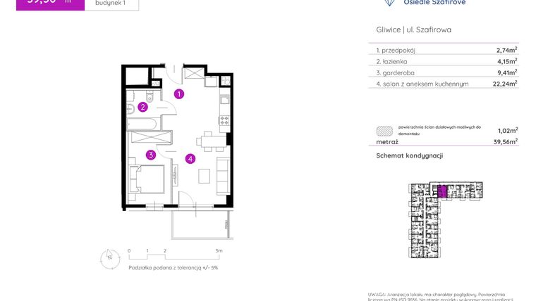 Rzut - Mieszkanie na sprzedaż 1 pokój o powierzchni 39,38 m² - numer 1.A.5.16 w Murapol Osiedle Szafirove II