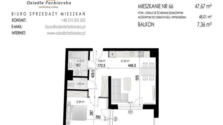 Rzut - Mieszkanie na sprzedaż 2 pokoje o powierzchni 47,67 m² - numer 66B w Osiedle Farbiarska II