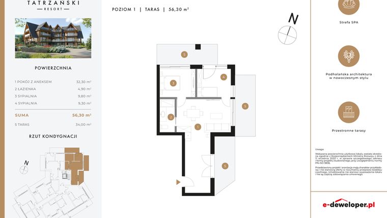 Rzut - Mieszkanie na sprzedaż 3 pokoje o powierzchni 56,3 m² - numer A10 w Tatrzański Resort