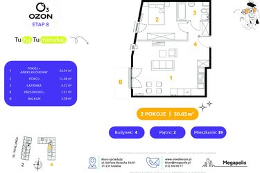 Rzut - Mieszkanie na sprzedaż 2 pokoje o powierzchni 50,65 m² - numer 4.39 w Osiedle Ozon etap VIII