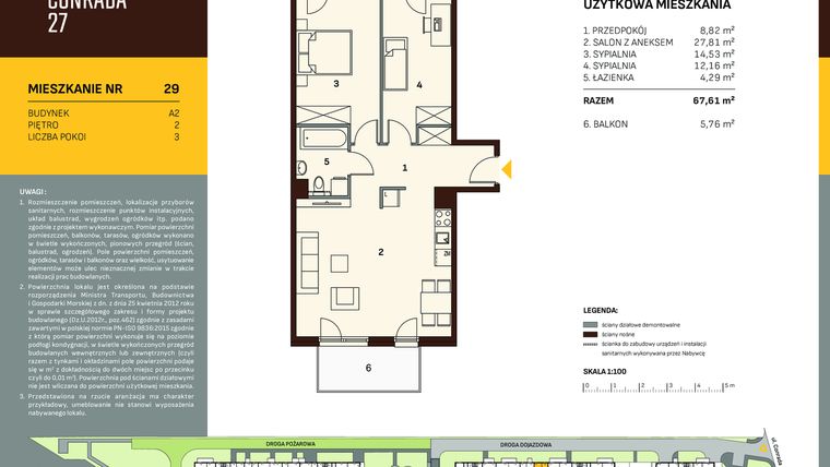 Rzut - Mieszkanie na sprzedaż 3 pokoje o powierzchni 67,61 m² - numer A2.29 w Conrada 27