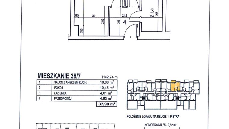 Rzut - Mieszkanie na sprzedaż 2 pokoje o powierzchni 37,98 m² - numer 38/7 w Osiedle Jodłowa bud. D