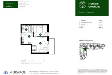 Rzut - Mieszkanie na sprzedaż 2 pokoje o powierzchni 41,22 m² - numer 2.A.2.01 w Murapol GreenCity bud. 2