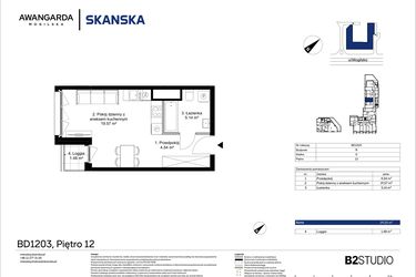 Rzut - Mieszkanie na sprzedaż 1 pokój o powierzchni 29,25 m² - numer 1BD1203 w Awangarda Mogilska