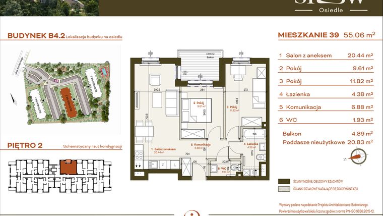 Rzut - Mieszkanie na sprzedaż 3 pokoje o powierzchni 55,06 m² - numer B4.2.39 w Osiedle SLOW