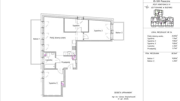 Rzut - Mieszkanie na sprzedaż 4 pokoje o powierzchni 68,36 m² - numer B1 – M3.7 w Primacasa