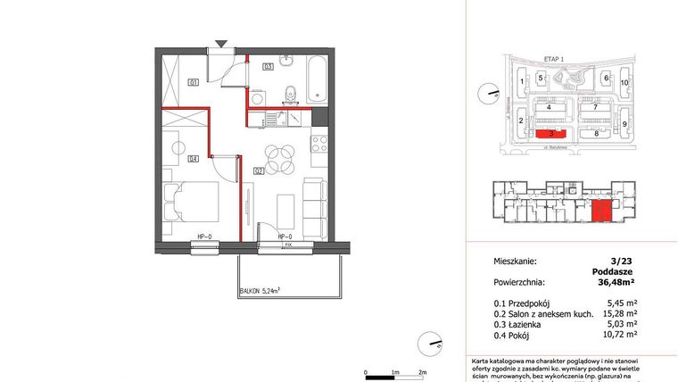 Rzut - Mieszkanie na sprzedaż 2 pokoje o powierzchni 36,48 m² - numer 3/23 w Słoneczny Zakątek