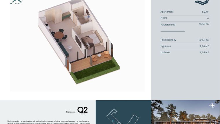 Rzut - Mieszkanie na sprzedaż 2 pokoje o powierzchni 36,59 m² - numer 0.A07 w Linea Mare - apartamenty inwestycyjne