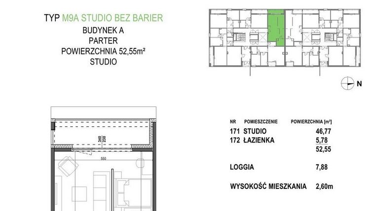 Rzut - Mieszkanie na sprzedaż 1 pokój o powierzchni 52,55 m² - numer M9A.P1 w Apartamenty Żorska