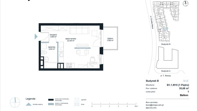 Rzut - Mieszkanie na sprzedaż 1 pokój o powierzchni 30,68 m² - numer B1.1.M15 w EMaya