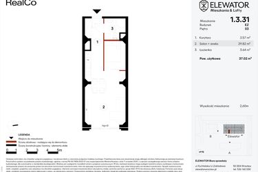 Rzut - Mieszkanie na sprzedaż 1 pokój o powierzchni 37,02 m² - numer EZ.1.3.31 w Elewator - Mieszkania i Lofty