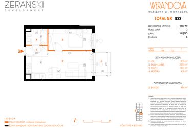 Rzut - Mieszkanie na sprzedaż 2 pokoje o powierzchni 43,02 m² - numer B22 w Werandowa