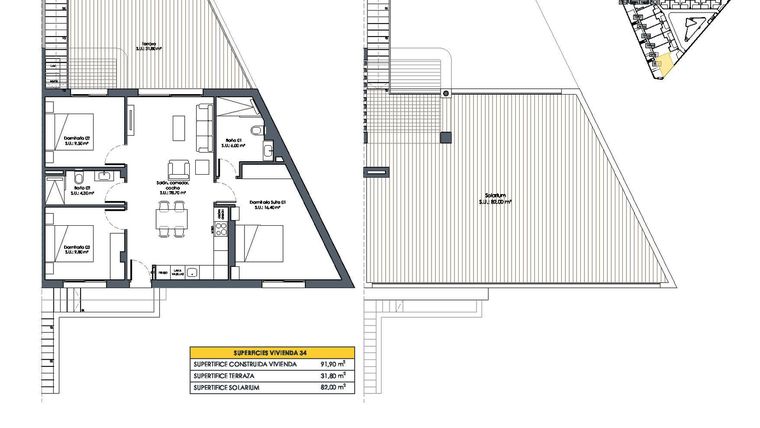 Rzut - Dom na sprzedaż 3 pokoje o powierzchni 91,9 m² - numer 34 w Domy w San Fulgencio - 46495750