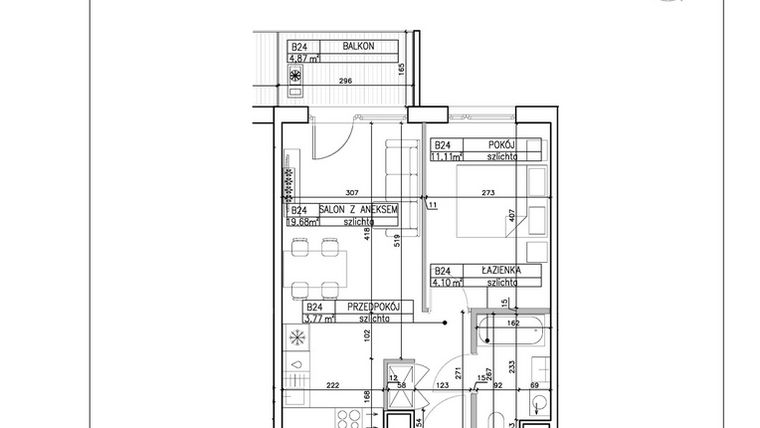 Rzut - Mieszkanie na sprzedaż 2 pokoje o powierzchni 38,66 m² - numer B24 w Symfonia - Chodkiewicza 9
