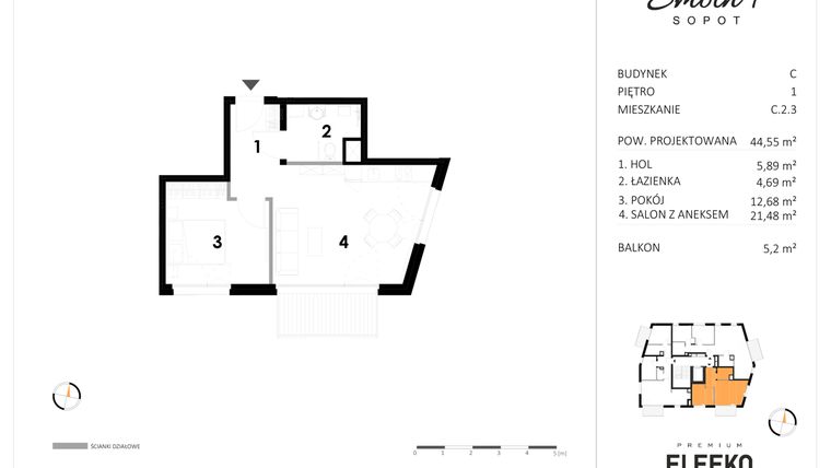 Rzut - Mieszkanie na sprzedaż 2 pokoje o powierzchni 44,55 m² - numer C.2.3 w Smolna 4