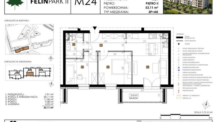 Rzut - Mieszkanie na sprzedaż 3 pokoje o powierzchni 53,12 m² - numer B1.M24 w Felin Park II