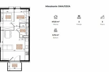 Rzut - Mieszkanie na sprzedaż 2 pokoje o powierzchni 47,53 m² - numer SWA/1/21/A w Apartamenty Świeradowska