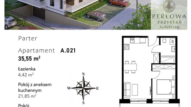 Rzut - Mieszkanie na sprzedaż 2 pokoje o powierzchni 35,55 m² - numer A.021 w Perłowa Przystań - Kołobrzeg - etap II