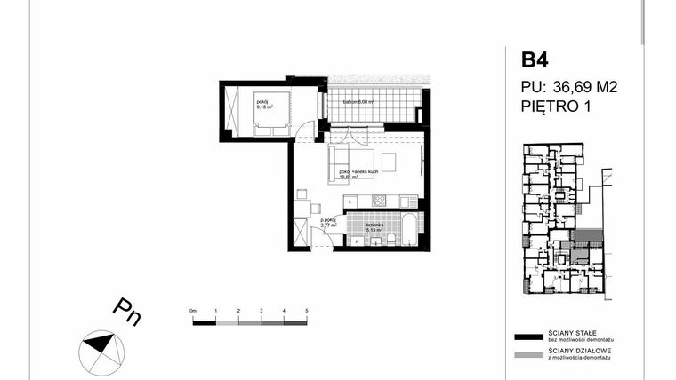 Rzut - Mieszkanie na sprzedaż 2 pokoje o powierzchni 36,69 m² - numer B4 w Apartamenty Kopernika - etap II