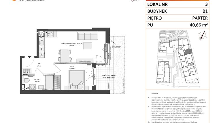 Rzut - Mieszkanie na sprzedaż 2 pokoje o powierzchni 40,66 m² - numer B1.3 w Zajezdnia Motława