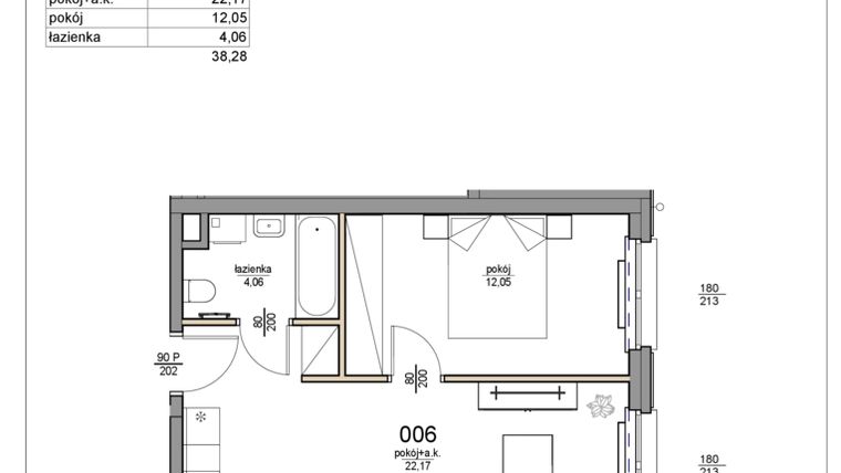 Rzut - Mieszkanie na sprzedaż 2 pokoje o powierzchni 38,28 m² - numer 6 w Rezydencja Liwska 3