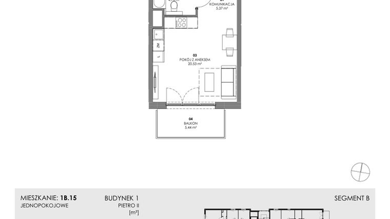 Rzut - Mieszkanie na sprzedaż 1 pokój o powierzchni 30,63 m² - numer 1B.15 w Akacjowa Wita