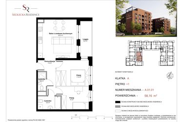 Rzut - Mieszkanie na sprzedaż 3 pokoje o powierzchni 57,76 m² - numer A-01-01 w Siedlecka Residence