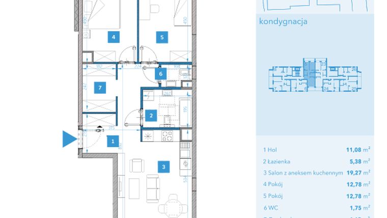 Rzut - Mieszkanie na sprzedaż 3 pokoje o powierzchni 67,69 m² - numer 5 w Apartamenty Macadamia