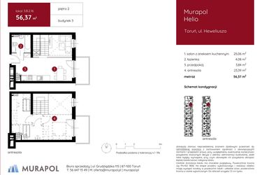 Rzut - Mieszkanie na sprzedaż 1 pokój o powierzchni 56,62 m² - numer 3.B.2.16 w Murapol Helio