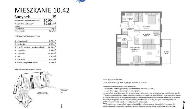 Rzut - Mieszkanie na sprzedaż 3 pokoje o powierzchni 59,05 m² - numer 10.42 w Osiedle Pastelowe etap IV