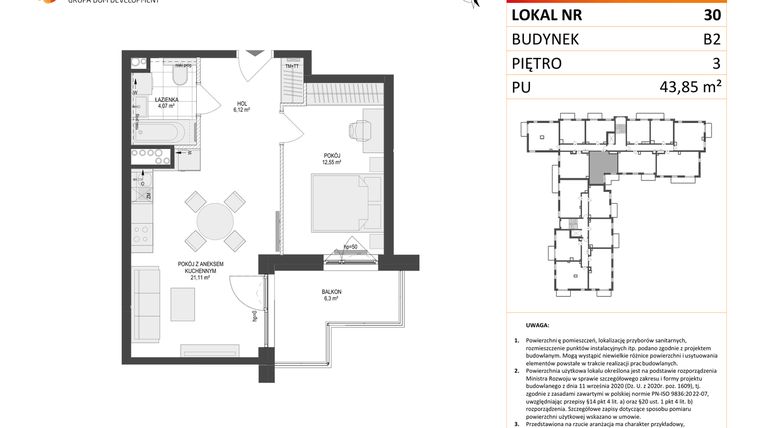 Rzut - Mieszkanie na sprzedaż 2 pokoje o powierzchni 43,85 m² - numer 30 w Locus 2 bud. B2