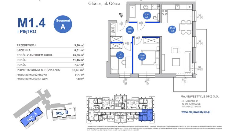 Rzut - Mieszkanie na sprzedaż 3 pokoje o powierzchni 61,17 m² - numer M1.4 w Osiedle Majowe 2.0 etap II