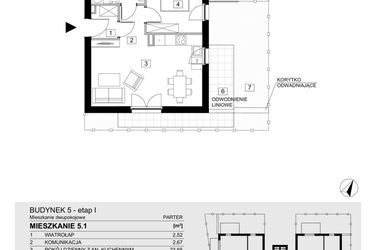 Rzut - Mieszkanie na sprzedaż 2 pokoje o powierzchni 43,41 m² - numer 5.1 w Jasieny