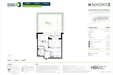 Rzut - Mieszkanie na sprzedaż 2 pokoje o powierzchni 37,98 m² - numer AA0003 w M Bemowo 3