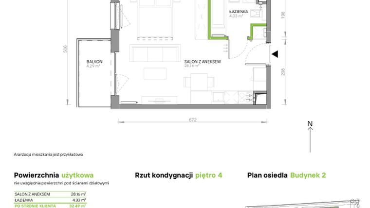 Rzut - Mieszkanie na sprzedaż 1 pokój o powierzchni 32,49 m² - numer III.4/2/43 w Via Flora