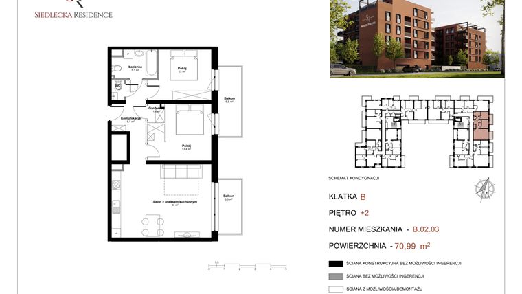 Rzut - Mieszkanie na sprzedaż 3 pokoje o powierzchni 72,33 m² - numer B-02-03 w Siedlecka Residence