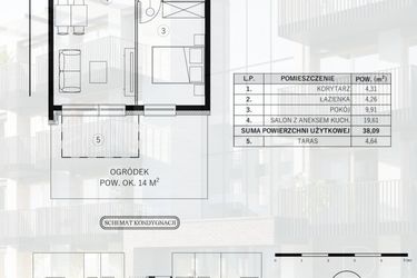 Rzut - Mieszkanie na sprzedaż 2 pokoje o powierzchni 38,09 m² - numer 8 w Młody Straszyn Park VI - bud. B