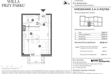Rzut - Mieszkanie na sprzedaż 1 pokój o powierzchni 28,26 m² - numer 2.A w Willa przy parku