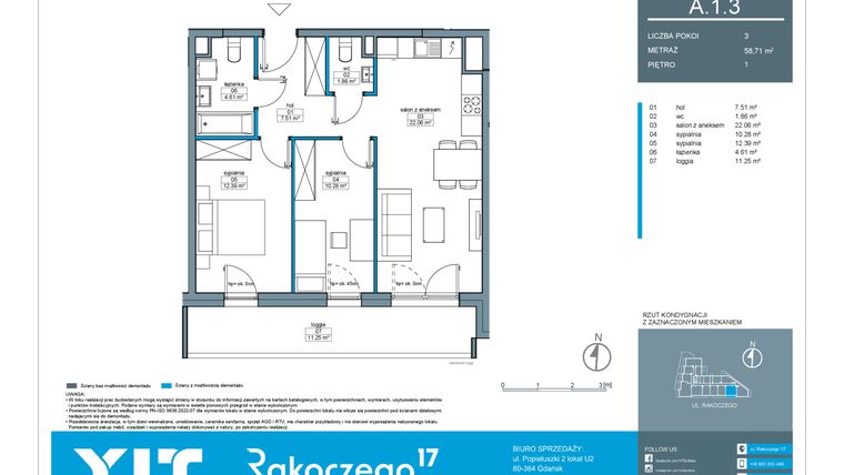 Rzut - Mieszkanie na sprzedaż 3 pokoje o powierzchni 58,71 m² - numer A.1.3 w Rakoczego 17