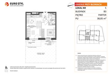 Rzut - Mieszkanie na sprzedaż 2 pokoje o powierzchni 38,85 m² - numer B3.5 w Osiedle Przy Błoniach 3 etap III