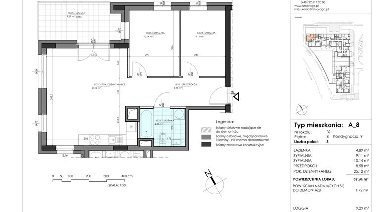 Rzut - Mieszkanie na sprzedaż 3 pokoje o powierzchni 57,84 m² - numer 32 w Przystanek Targówek