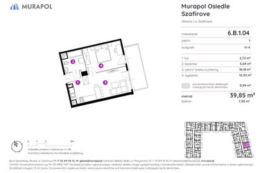Rzut - Mieszkanie na sprzedaż 2 pokoje o powierzchni 39,85 m² - numer 6.B.1.04 w Murapol Osiedle Szafirove