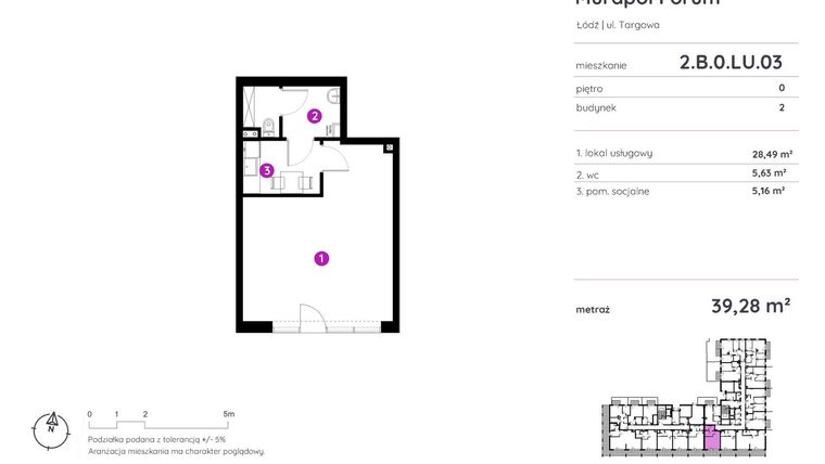 Rzut - Lokal użytkowy na sprzedaż 1 pokój o powierzchni 39,28 m² - numer 2.B.0.LU.03 w Murapol Forum